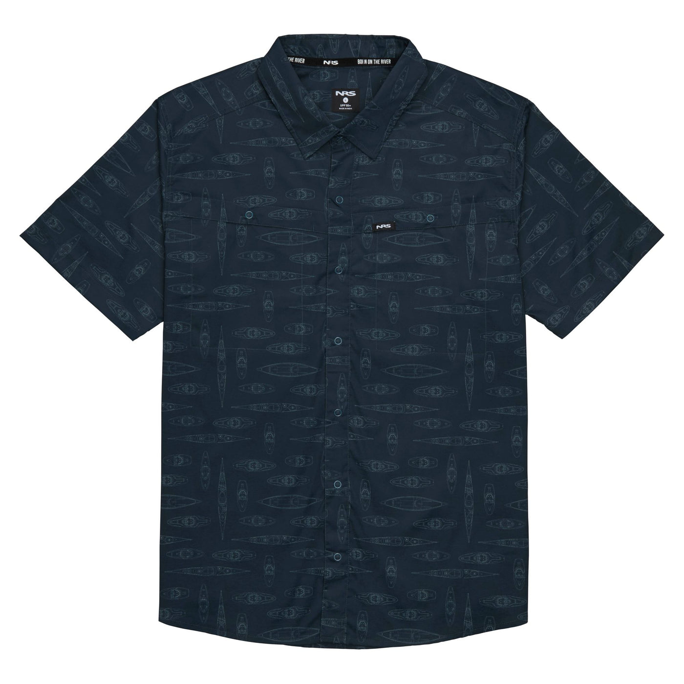 NRS Men's Gear Shirt in dark blue with subtle kayak pattern, short sleeves, button-down, moisture-wicking and sun protection features.