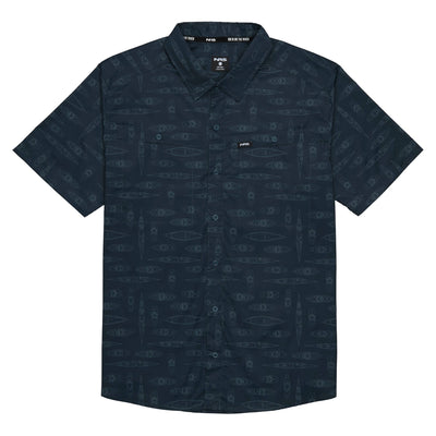 NRS Men's Gear Shirt in dark blue with subtle kayak pattern, short sleeves, button-down, moisture-wicking and sun protection features.