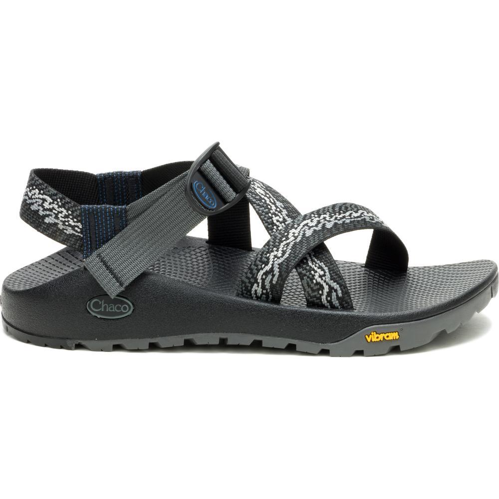 Gray Chaco sandals with patterned straps and Vibram soles.