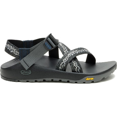 Gray Chaco sandals with patterned straps and Vibram soles.